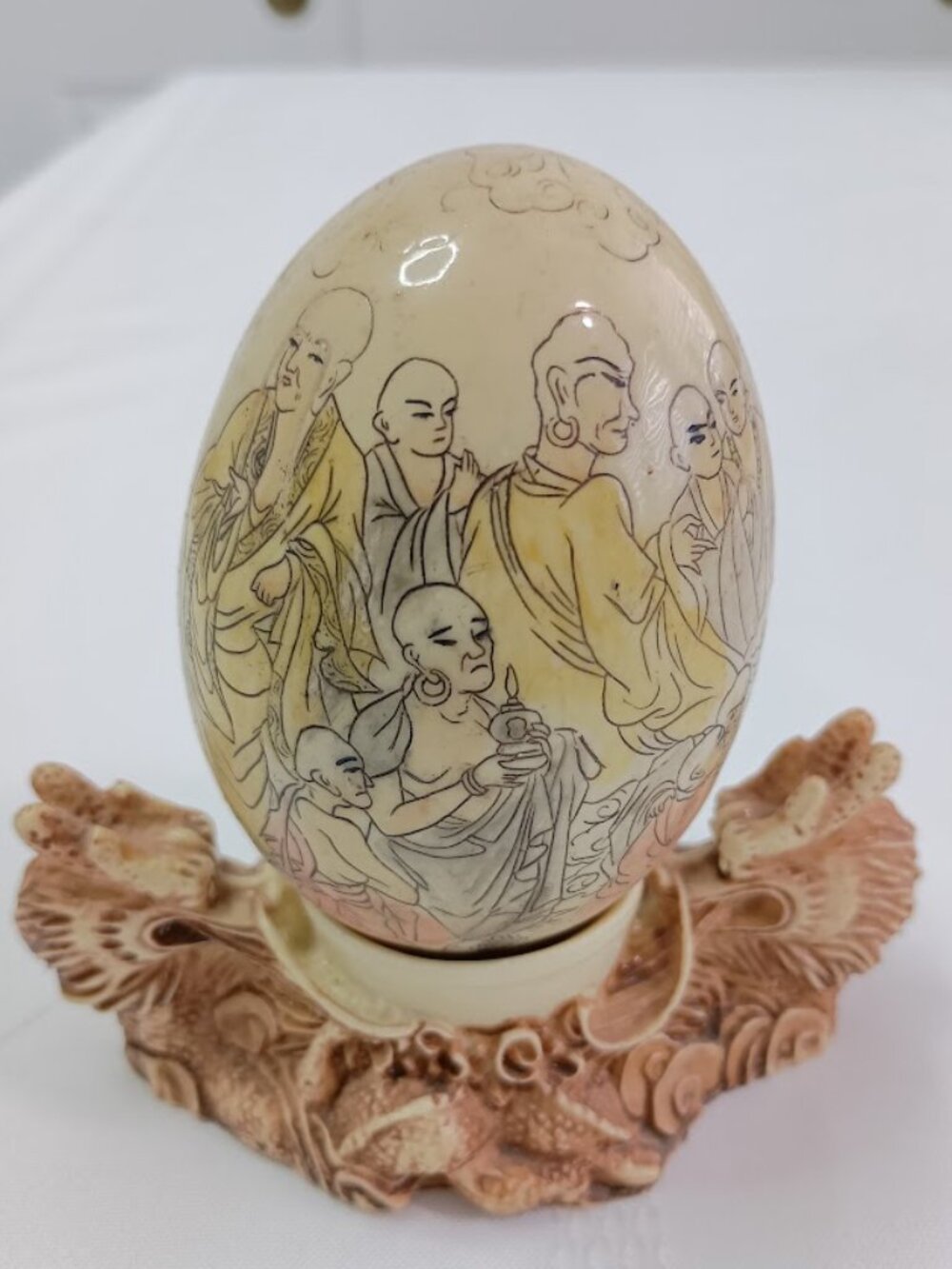 Vintage Etched Hand Painted Ceramic Egg with Stand